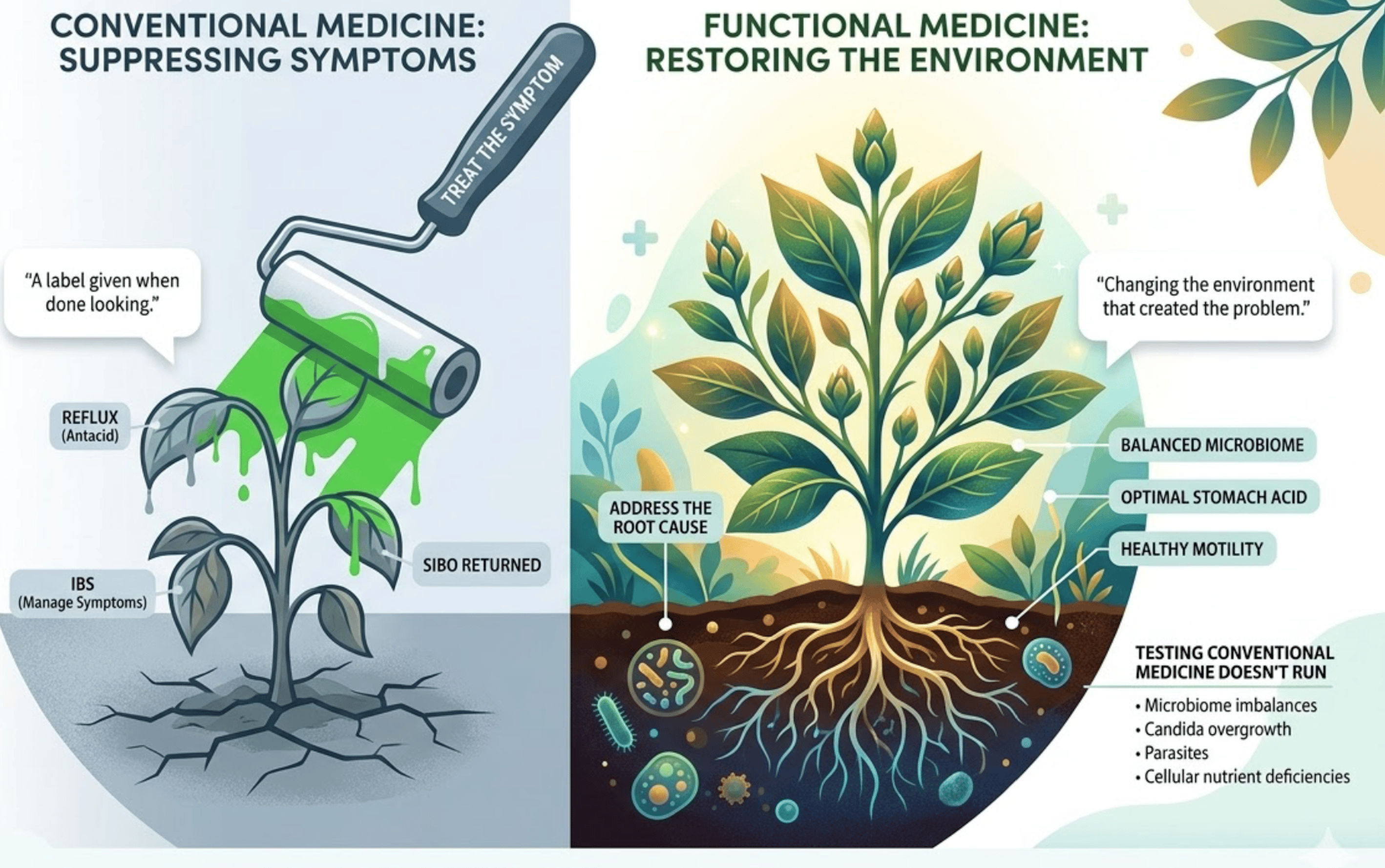 Infographic by Dr. Paul Deglmann comparing conventional medicine vs. functional medicine for gut health. The visual contrast shows suppressing symptoms like IBS and SIBO with surface-level treatments versus restoring the environment through root cause testing for microbiome balance, stomach acid, and motility.