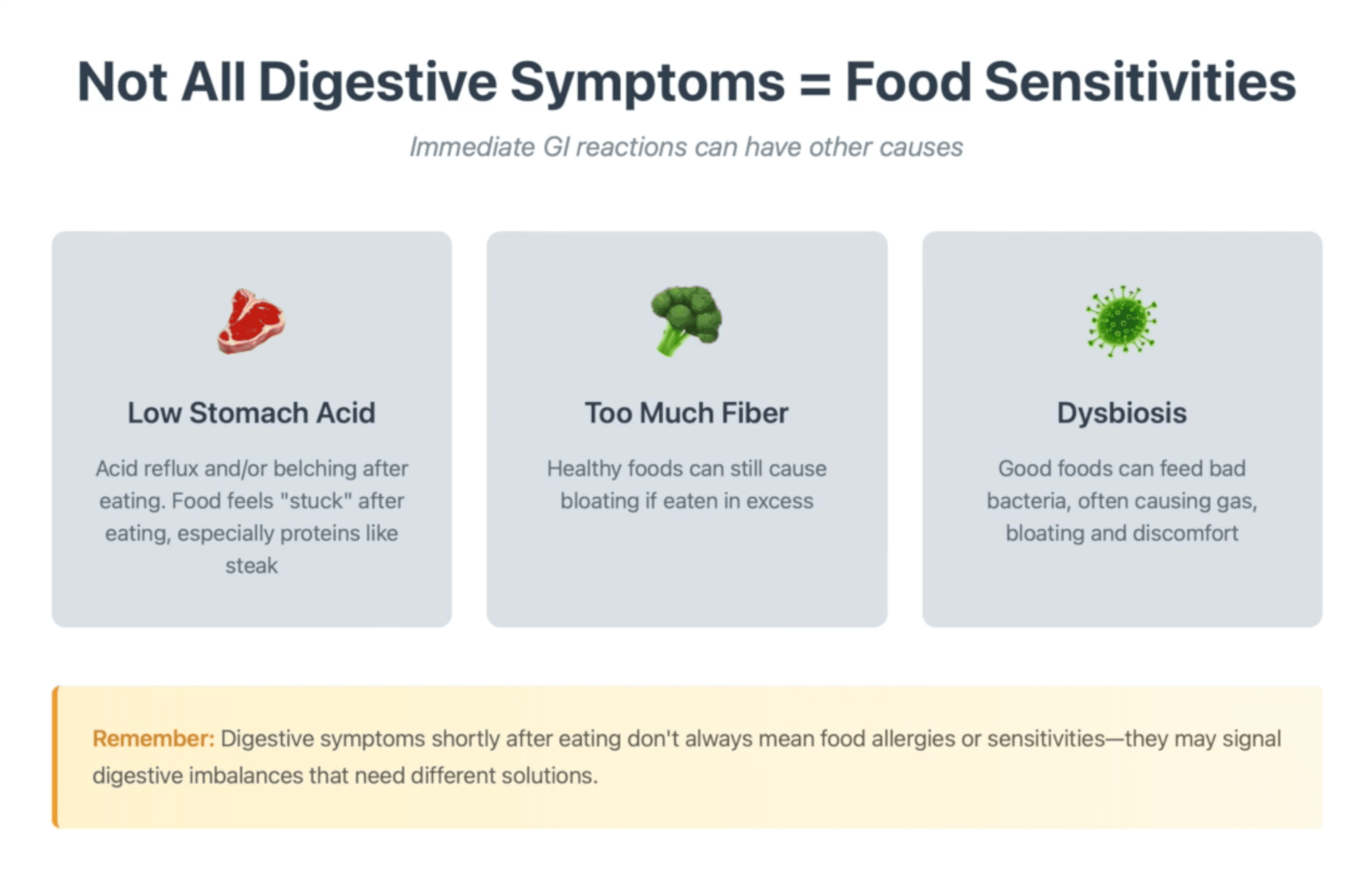 Web diagram illustrating immediate GI reactions beyond food sensitivities - low stomach acid symptoms with steak, excess fiber bloating, dysbiosis bacterial imbalance - reminder that digestive symptoms after eating need different solutions than allergy elimination diets