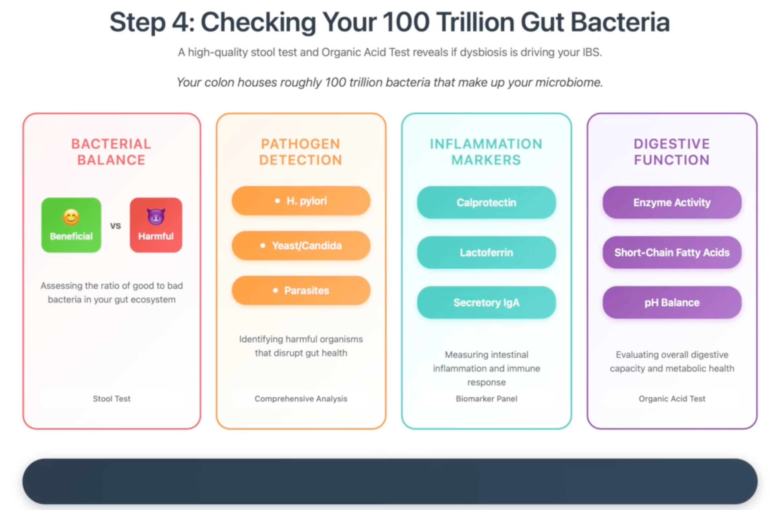 Gut microbiome testing for IBS showing bacterial balance analysis, pathogen detection, inflammation markers, and digestive function evaluation with stool and organic acid tests