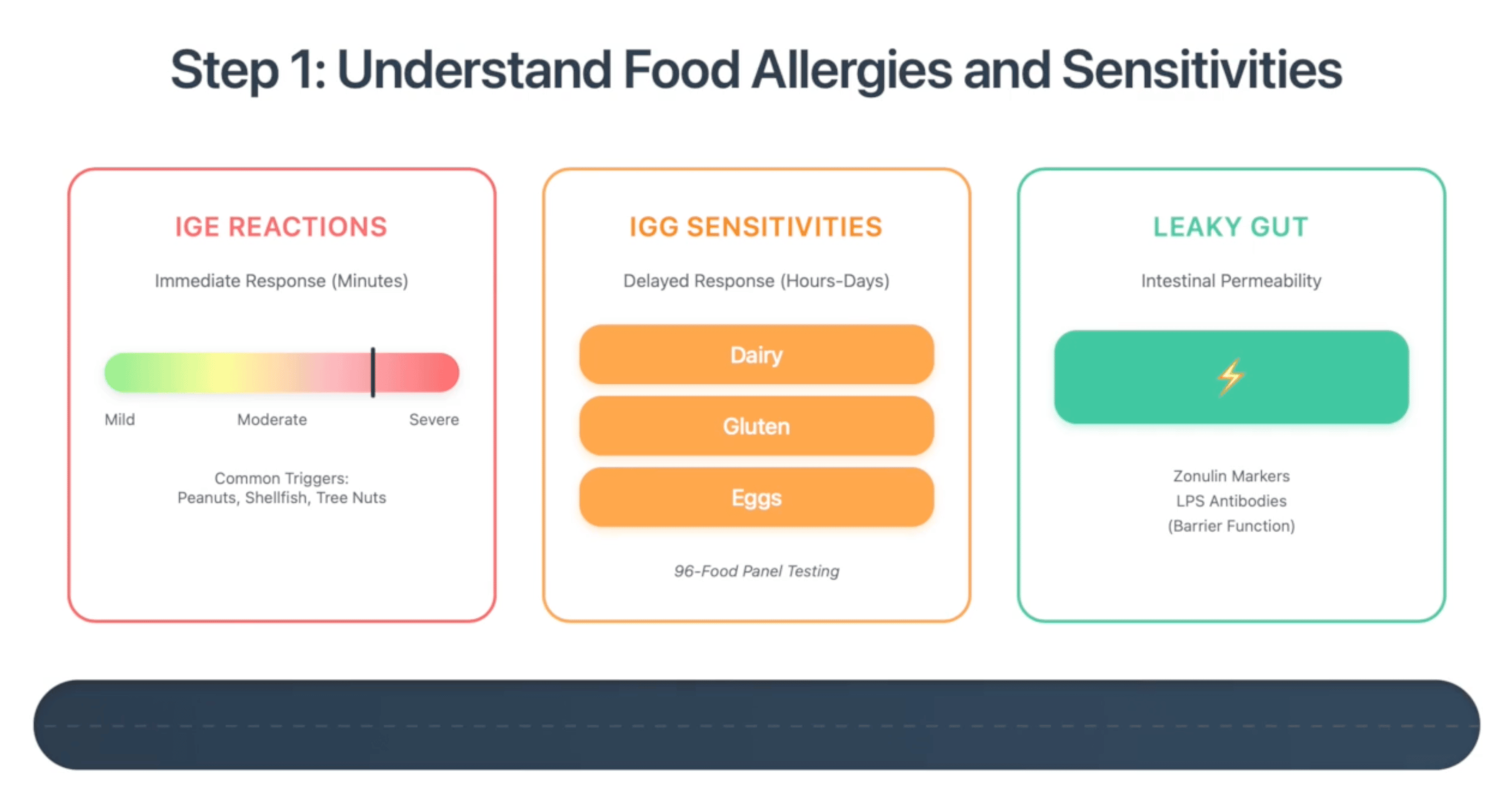 IBS food allergy and sensitivity testing guide showing IgE reactions, IgG food sensitivities, and leaky gut syndrome markers for functional medicine diagnosis